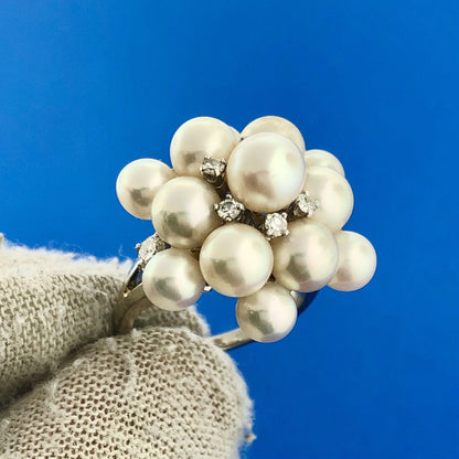 Gorgeous 14k White Gold Round Diamond White Pearl Cluster Statement Ring Size 4