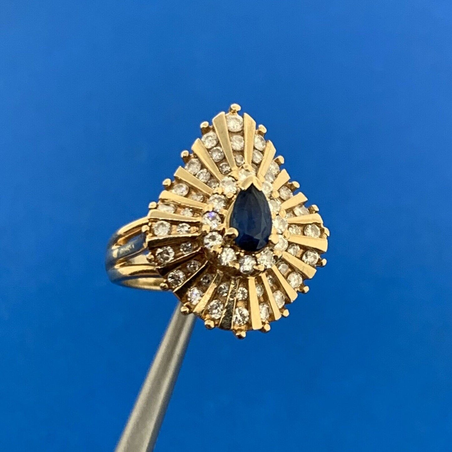 Designer 14K Yellow Gold Sapphire Diamond Cluster Statement Cocktail Ring