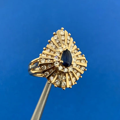Designer 14K Yellow Gold Sapphire Diamond Cluster Statement Cocktail Ring