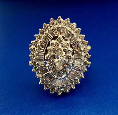 14K Yellow White Gold Diamond Halo Cluster 4 Tier Statement Cocktail Ring