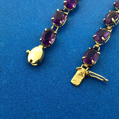 Designer 14K Yellow Gold Oval Amethyst February Statement Tennis Bracelet