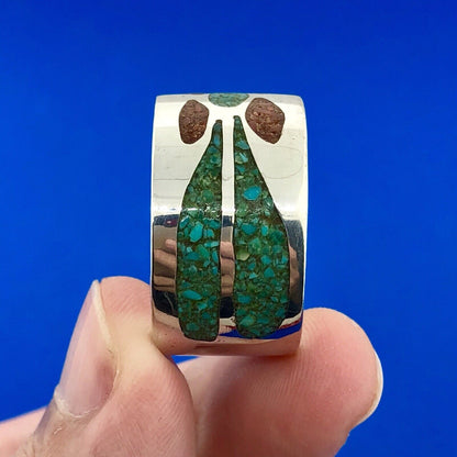 Men's Sterling Silver 925 Turquoise Red Coral Spiderweb Inlay Wide Band Ring