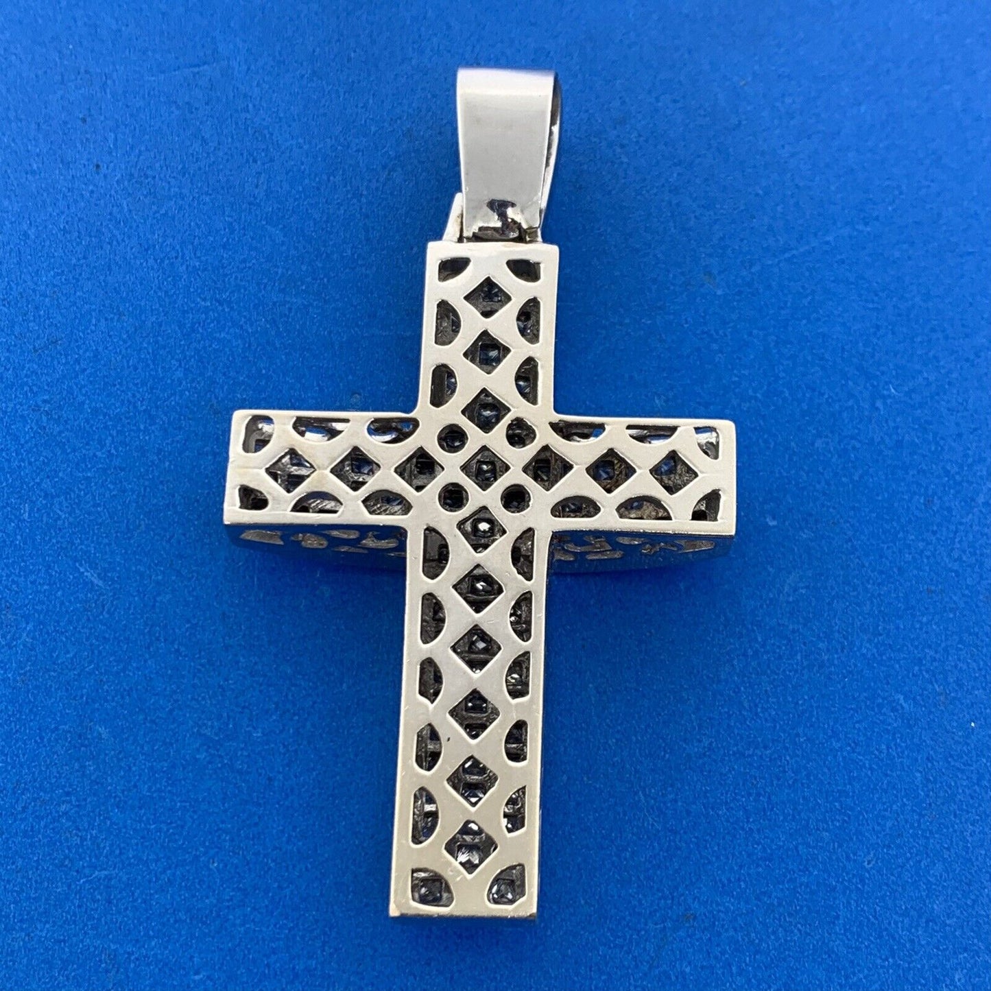 Custom 18K White Gold Princess Diamond Encrusted Statement Cross Pendant