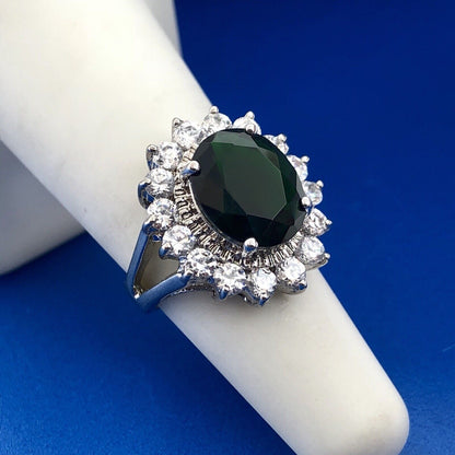 Retro Sterling Silver 925 Green White CZ Statement Fashion Cocktail Ring