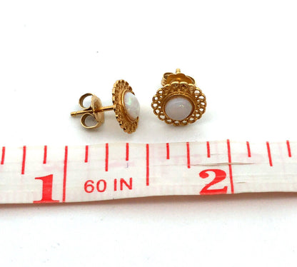 14K Yellow Gold Opal Filigree Detail Stud Earrings