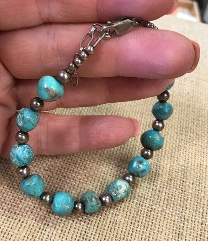 Vintage Artisan Sterling Silver 925 Natural Turquoise Bead Bracelet