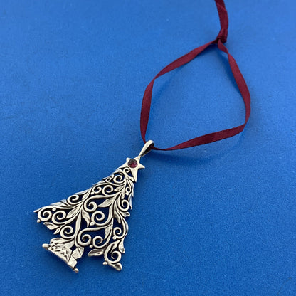 Designer Sterling Silver Amethyst Heart Scroll Christmas Tree Ornament Pendant