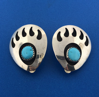 Native American Old Pawn 925 Sterling Silver Turquoise Bear Claw Clip Earrings