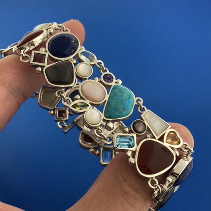 Designer 925 Sterling Silver Multi Gem Multi Shaped Glamorous Statement Bracelet