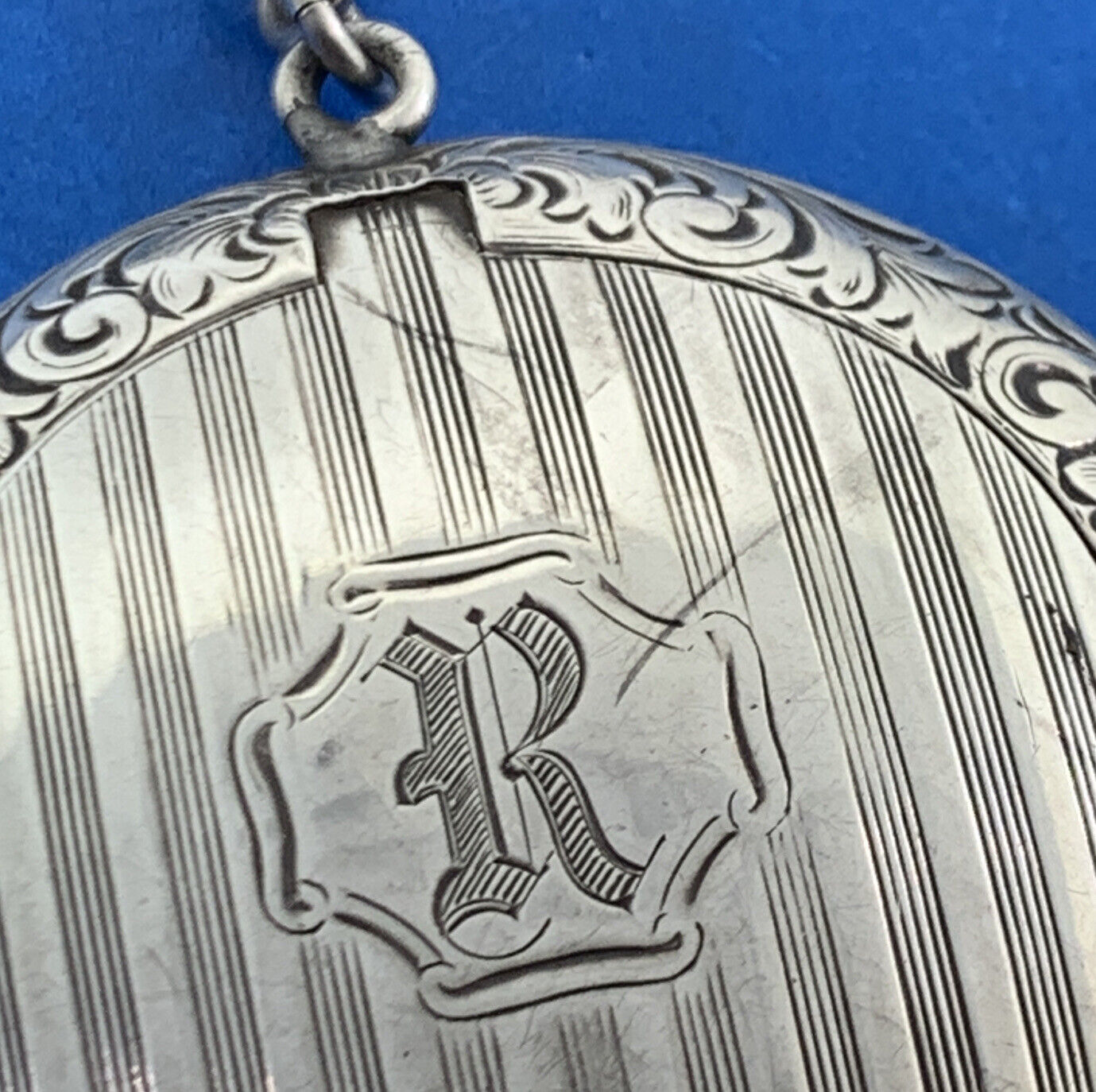 Monogrammed RNC 925 Sterling Silver Floral Scroll Compact With Silver Tone Chain