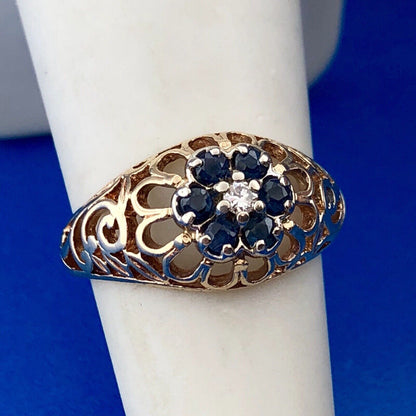 Vintage 10K Yellow Gold Sapphire Diamond Open Work September Cocktail Dome Ring
