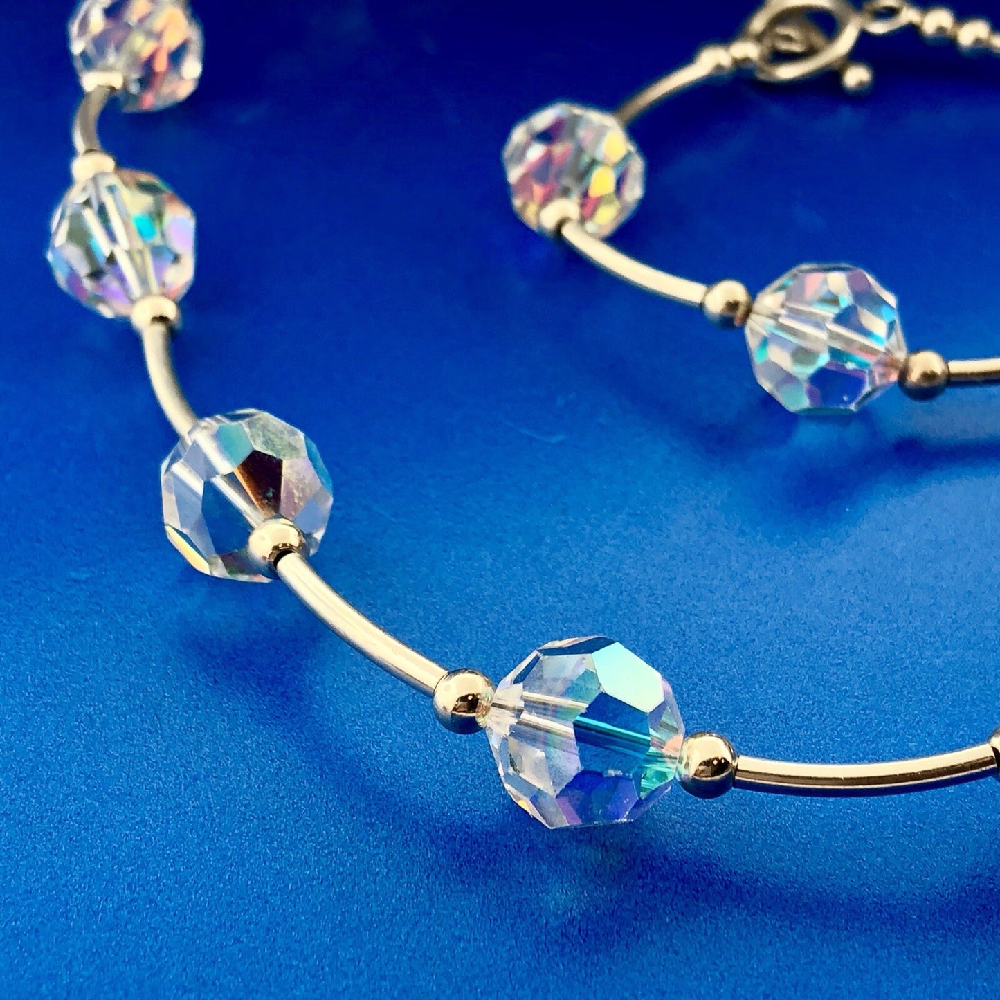 Stunning 925 Sterling Silver Aurora Borealis Cyrstal Bead Bracelet Necklace Set