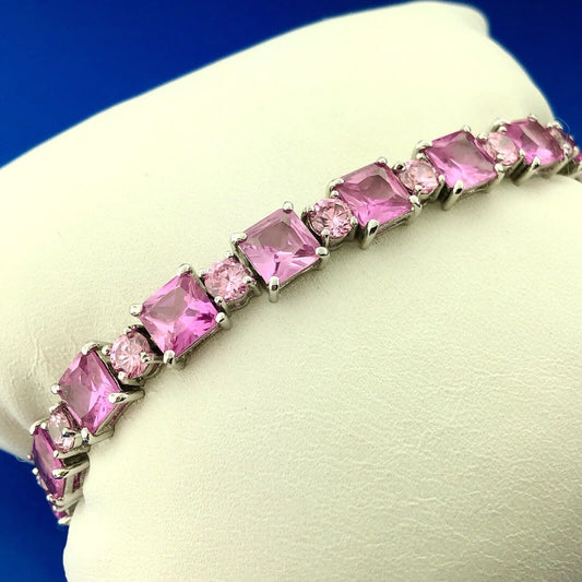 Sparkling FAS 925 Sterling Silver Pink Sapphire Round Pink CZ Tennis Bracelet
