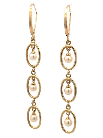 Designer 10K Yellow Gold Round White Pearl Oval Dangle Leverback Earrings