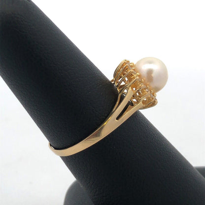 Designer 14K Yellow Gold Pearl Solitaire Diamond Halo Anniversary Cocktail Ring