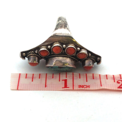 Old Pawn Unsigned 925 Sterling Silver Turquoise Coral Statement Finger Ring