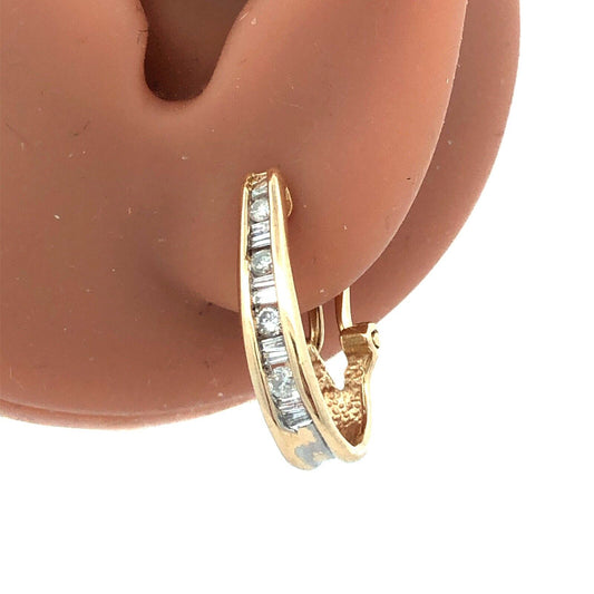 Designer 14K Yellow Gold Channel-Set Round Baguette Diamond Hoop Earrings