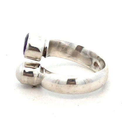 Designer LD 925 Sterling Silver Oval Purple Amethyst Pearl Bypass Ring