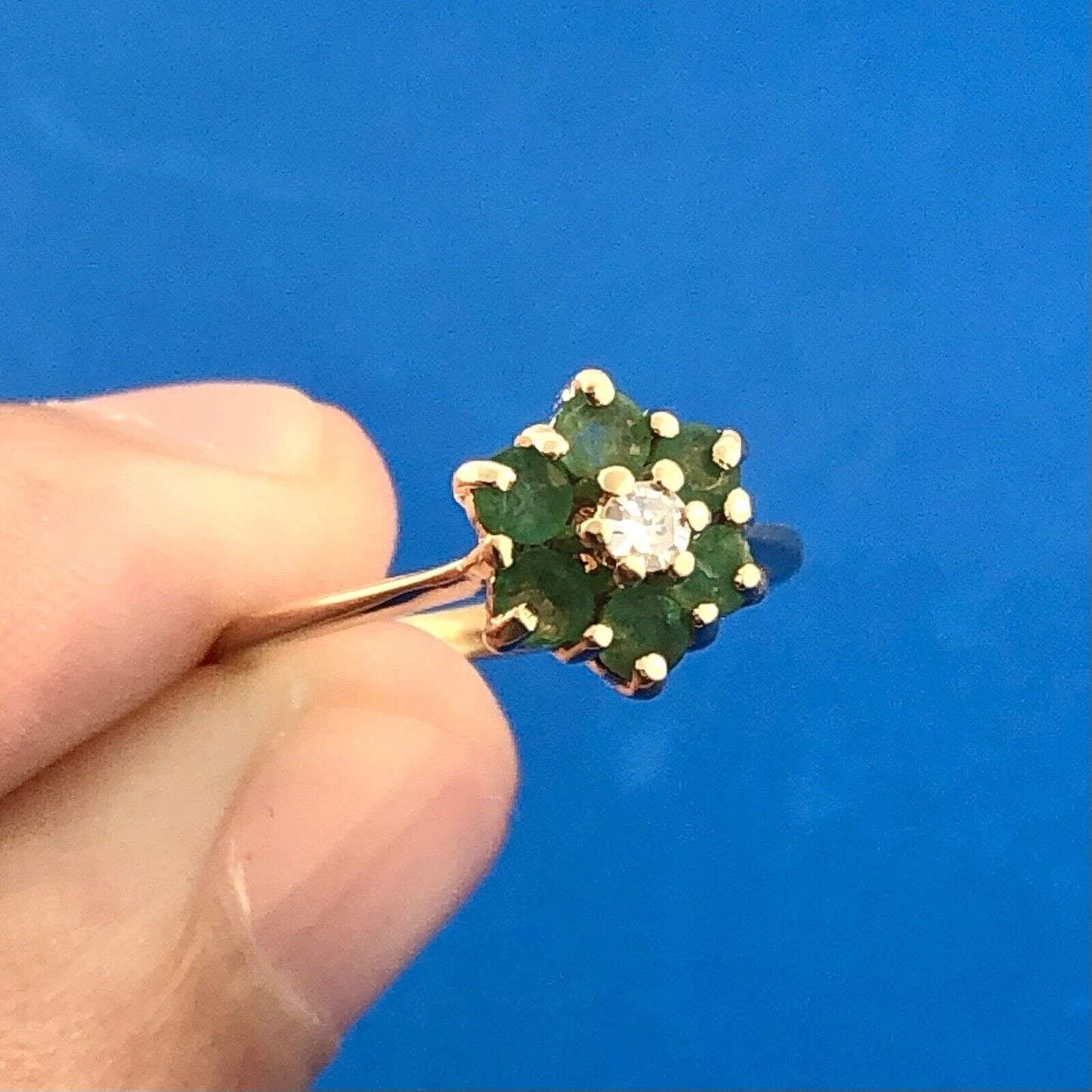 Vintage 14K Yellow Gold Designer Emerald Diamond Cluster May Anniversary Ring