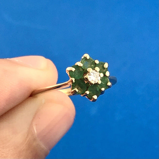 Vintage 14K Yellow Gold Designer Emerald Diamond Cluster May Anniversary Ring