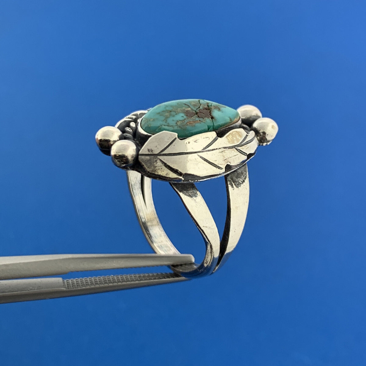 Native American Sterling Silver 925 Cabochon Blue Turquoise Floral Ring Size 7