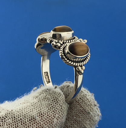 Designer D Paulus Sterling Silver 925 Tigers Eye Trio Statement Cocktail Ring