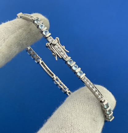 Designer 925 Sterling Silver Blue Topaz Cubic Zirconia Accented Tennis Bracelet