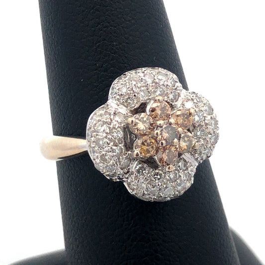 Designer 18K White Gold Champagne White Diamond Flower Statement Cocktail Ring