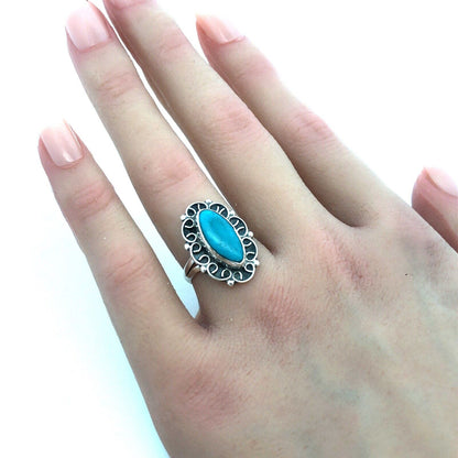 Vintage Native American 925 Sterling Silver Oval Turquoise Old Pawn Ring