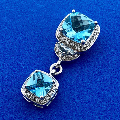 Stunning 14K White Gold Blue Topaz Diamond Aquamarine Accent Double Drop Pendant