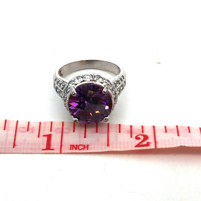 Designer 925 Sterling Silver Round Cushion Amethyst CZ Accents Cocktail Ring