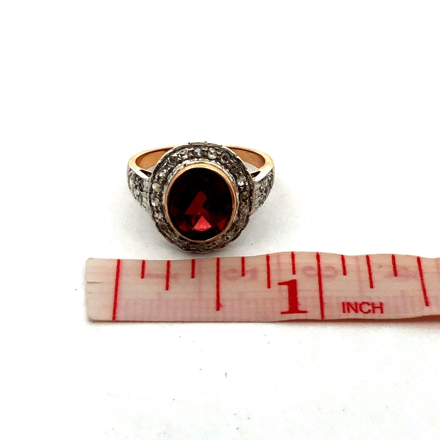 Vintage 18K Yellow Gold Oval Red Garnet Bezel Diamond Halo Cocktail Ring