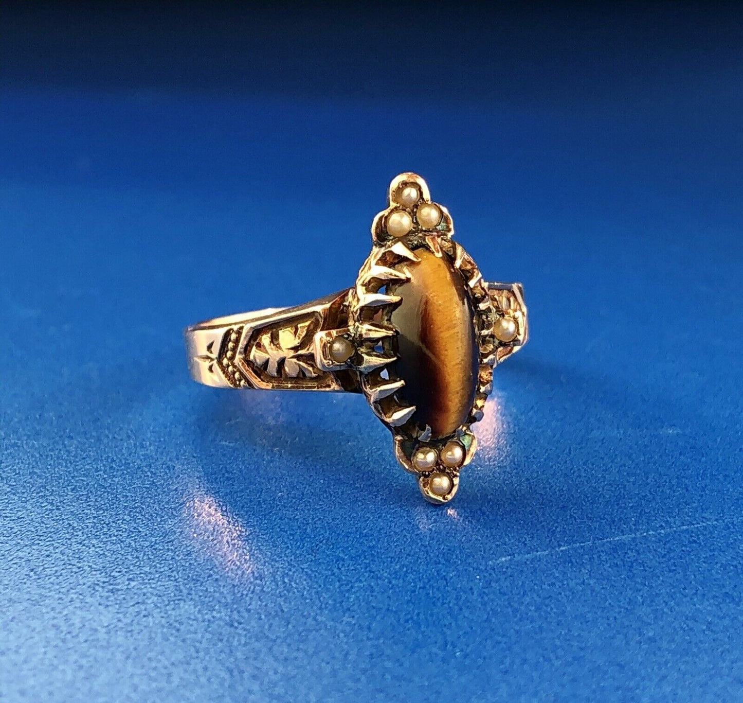 Art Deco Art Nouveau 10K Rose Gold Tigers Eye Seed Pearl Cocktail Ring
