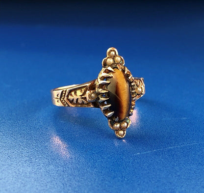 Art Deco Art Nouveau 10K Rose Gold Tigers Eye Seed Pearl Cocktail Ring