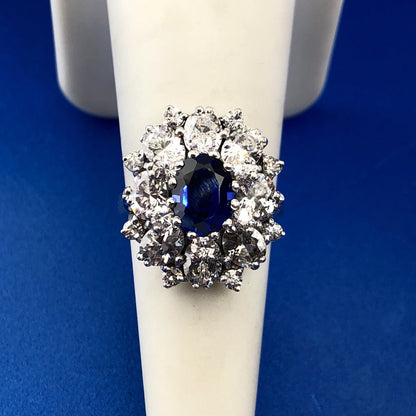 Spectacular Sterling Silver 925 Blue Sapphire CZ Oval Cluster Cocktail Ring