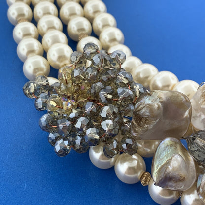 Vtg Artisan Gold Tone Abalone Faux Pearl Crystal Bead Statement Collar Necklace