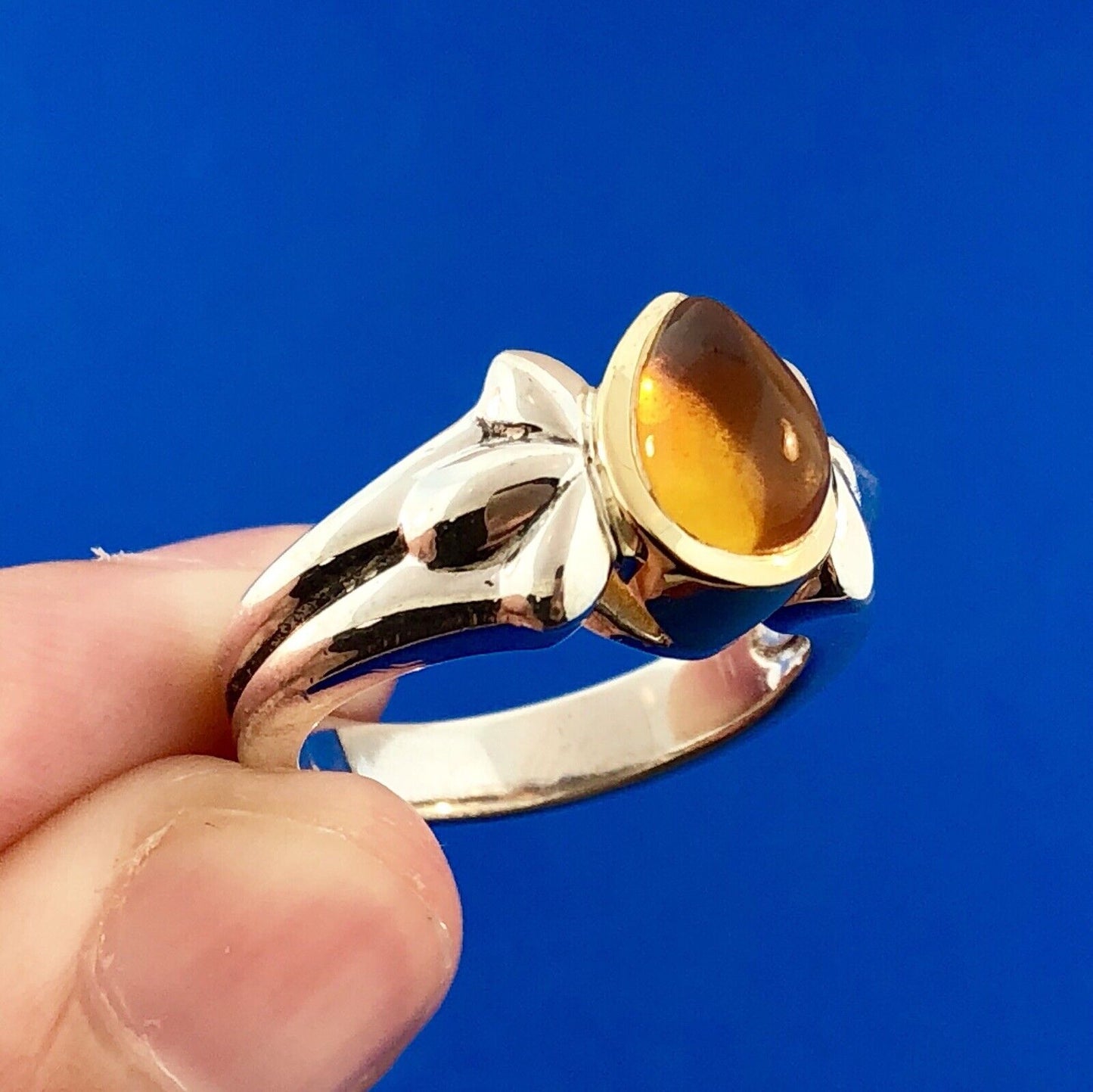 Designer Signed 925 Sterling Silver 18K Yellow Gold Citrine Pear Cabochon Ring
