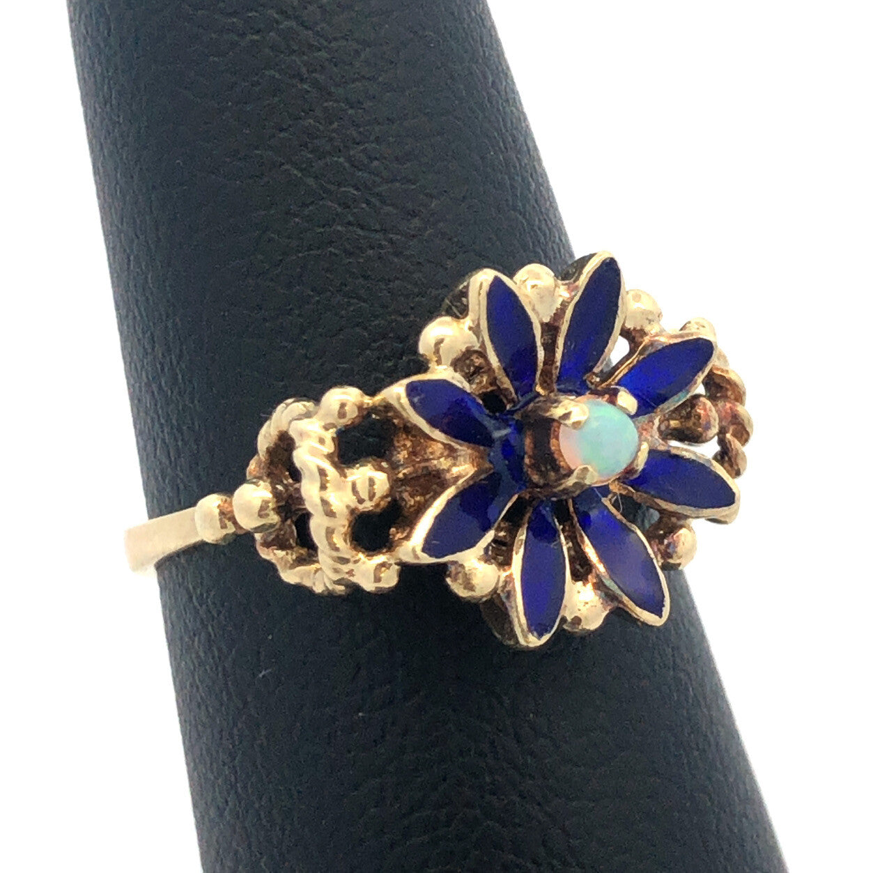 Vintage 14k Yellow Gold Opal and Blue Enamel Flower Ring
