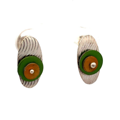 Vintage Hut 925 Sterling Silver Green Yellow Modernist Oval Stud Earrings
