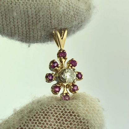 Vintage 14K Yellow Gold Ruby Diamond Floral Starburst July Anniversary Pendant