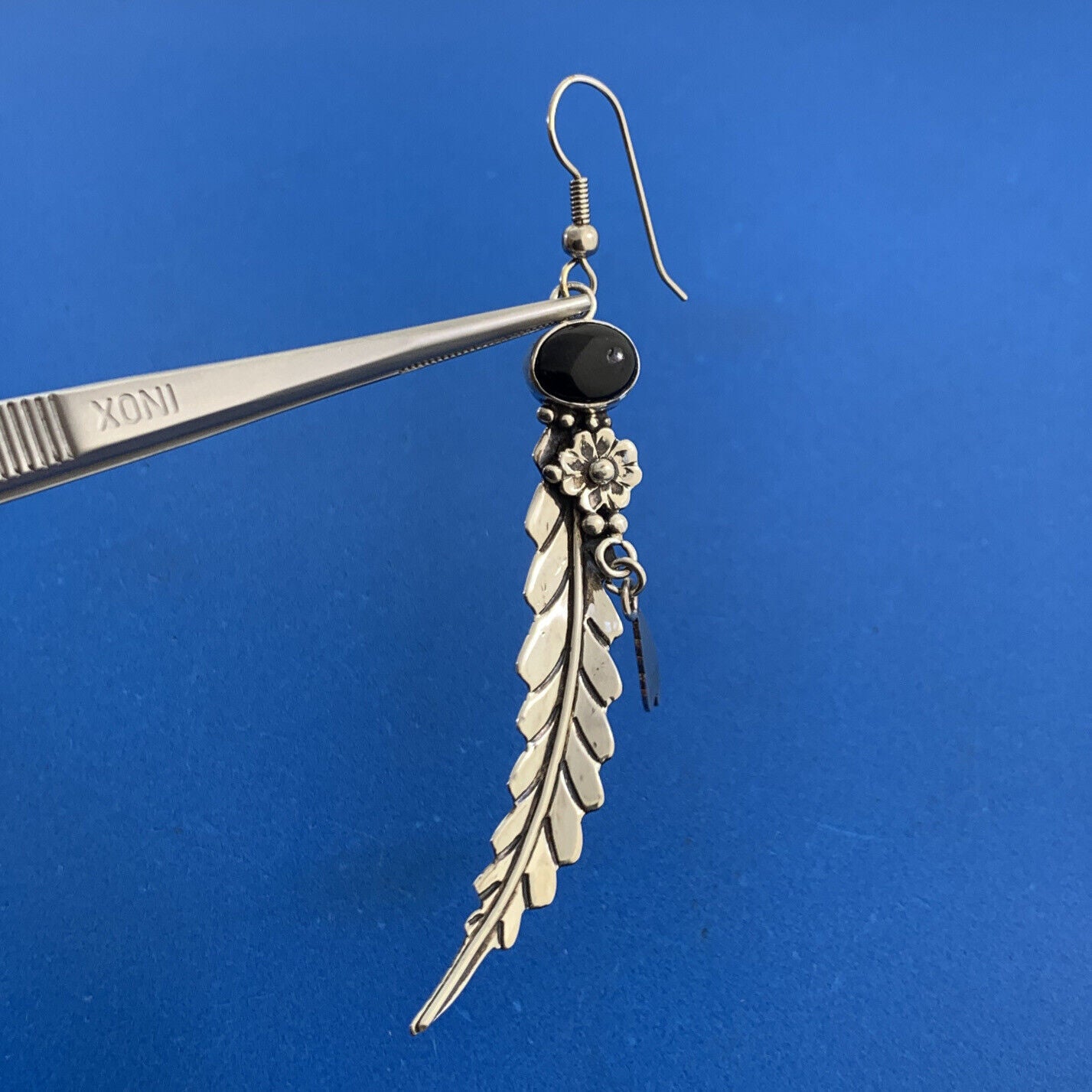 Vintage Native American 925 Sterling Silver Black Onyx Dangle Feather Earrings