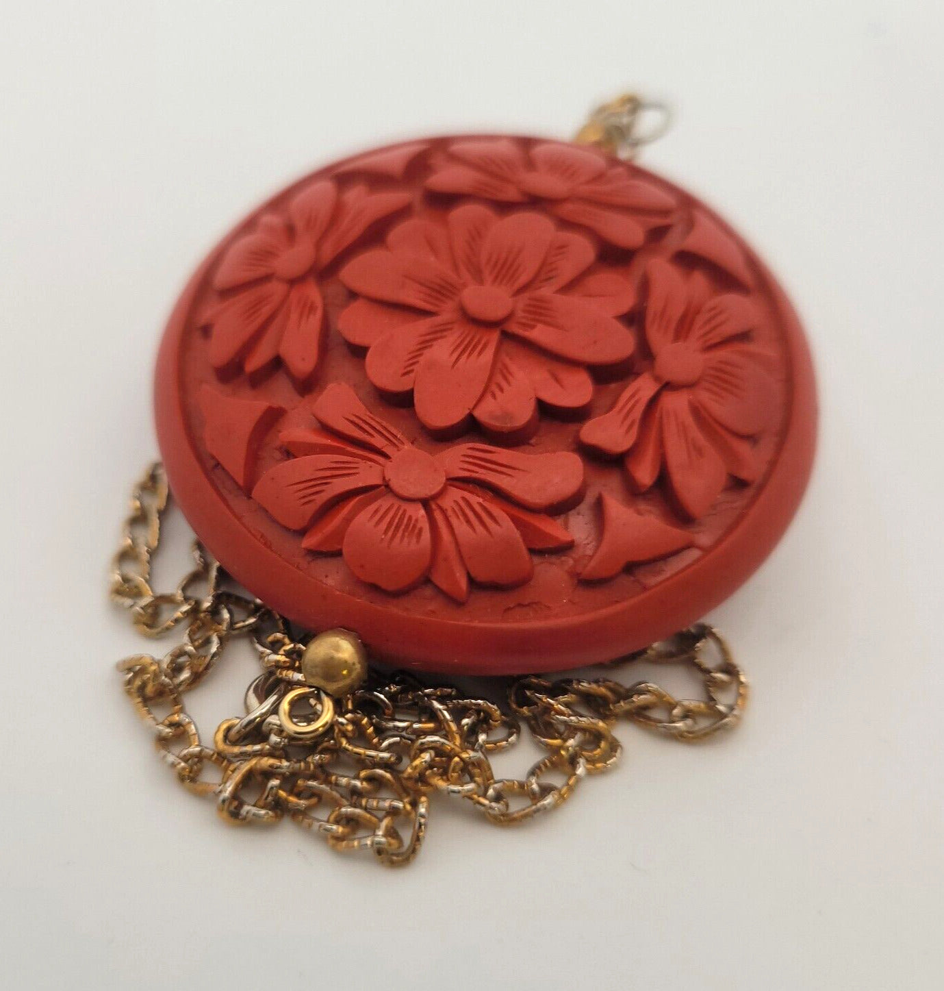Vintage Gold Tone Carved Red Resin Faux Cinnabar Necklace Earrings 3 Piece Set