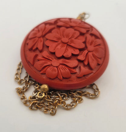 Vintage Gold Tone Carved Red Resin Faux Cinnabar Necklace Earrings 3 Piece Set