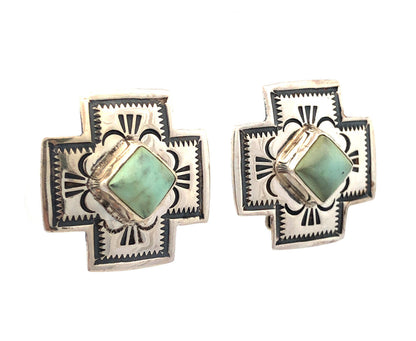 Native American 925 Sterling Silver Green Turquoise Concho Cross Clip On Earring