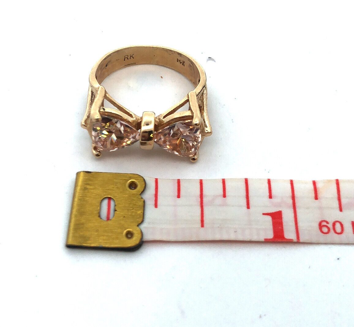 Designer RK 14K Yellow Gold Trillion Cut Cubic Zirconia Bow Shape Cocktail Ring