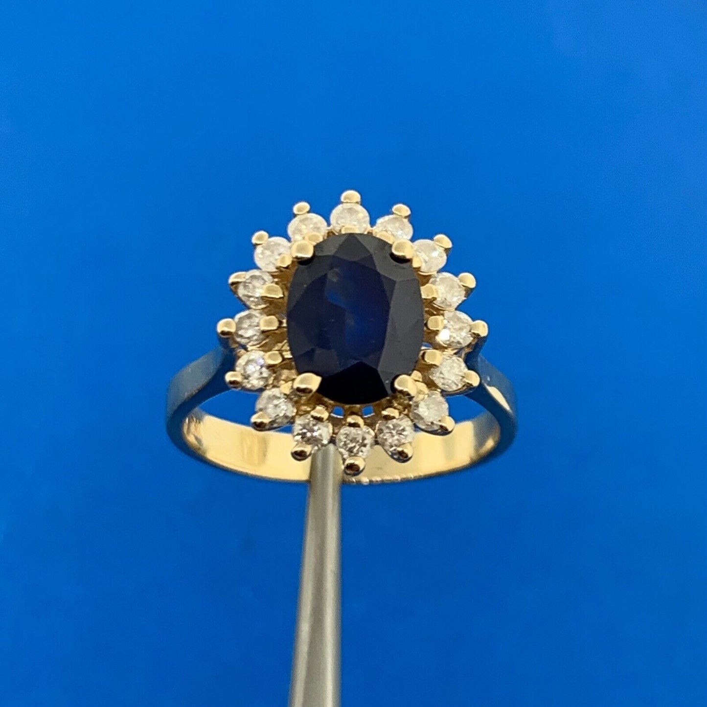 Designer 14K Yellow Gold Sapphire Diamond Halo September Anniversary Ring