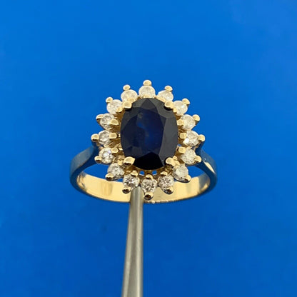 Designer 14K Yellow Gold Sapphire Diamond Halo September Anniversary Ring