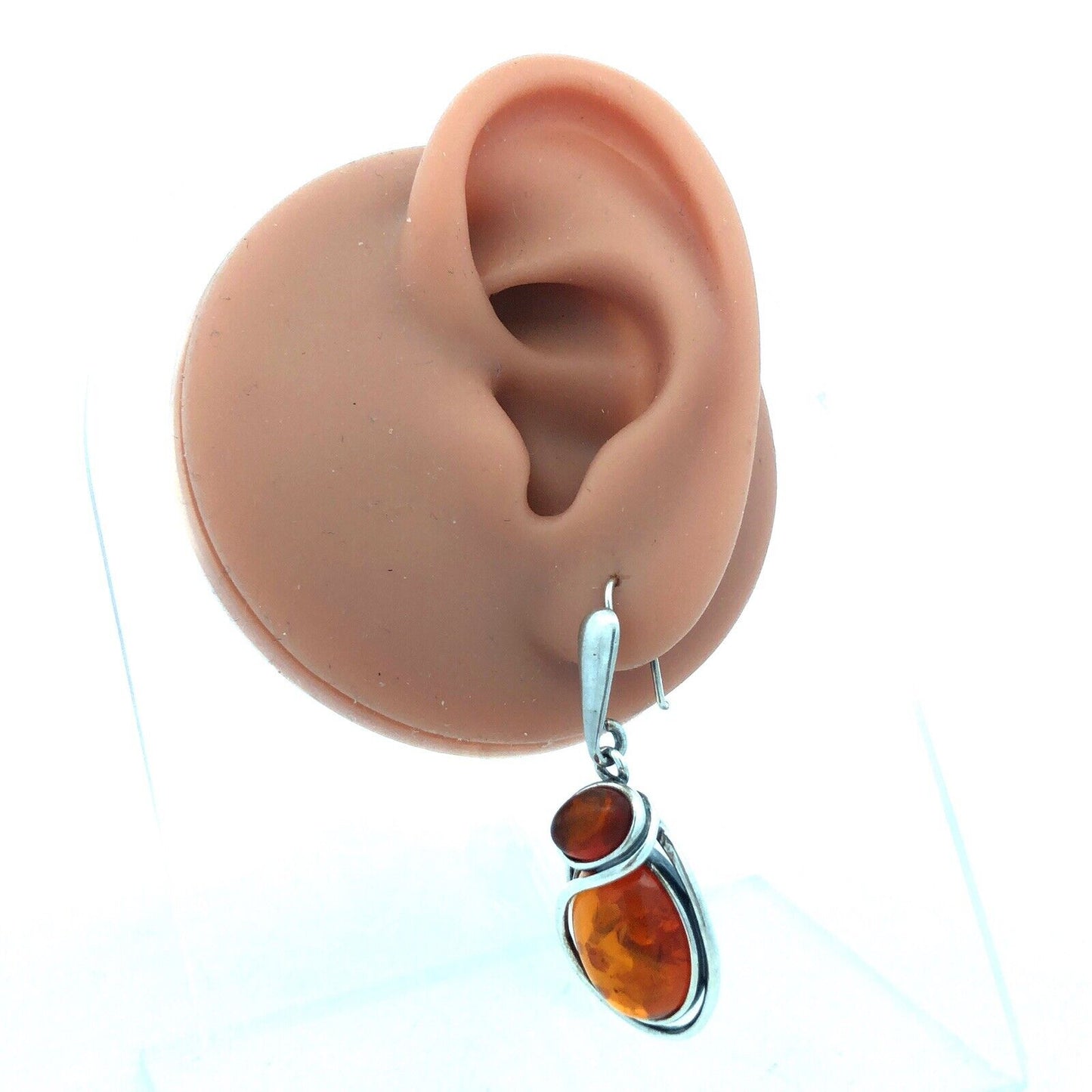 Estate Vintage 925 Sterling Silver Amber Cabochon Modernist Dangle Drop Earrings