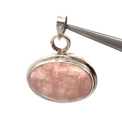 Vintage 925 Sterling Silver Oval Rose Quartz Cabochon Statement Pendant