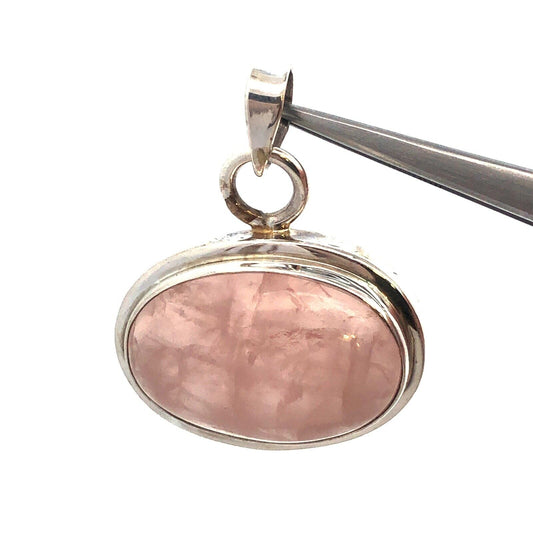 Vintage 925 Sterling Silver Oval Rose Quartz Cabochon Statement Pendant